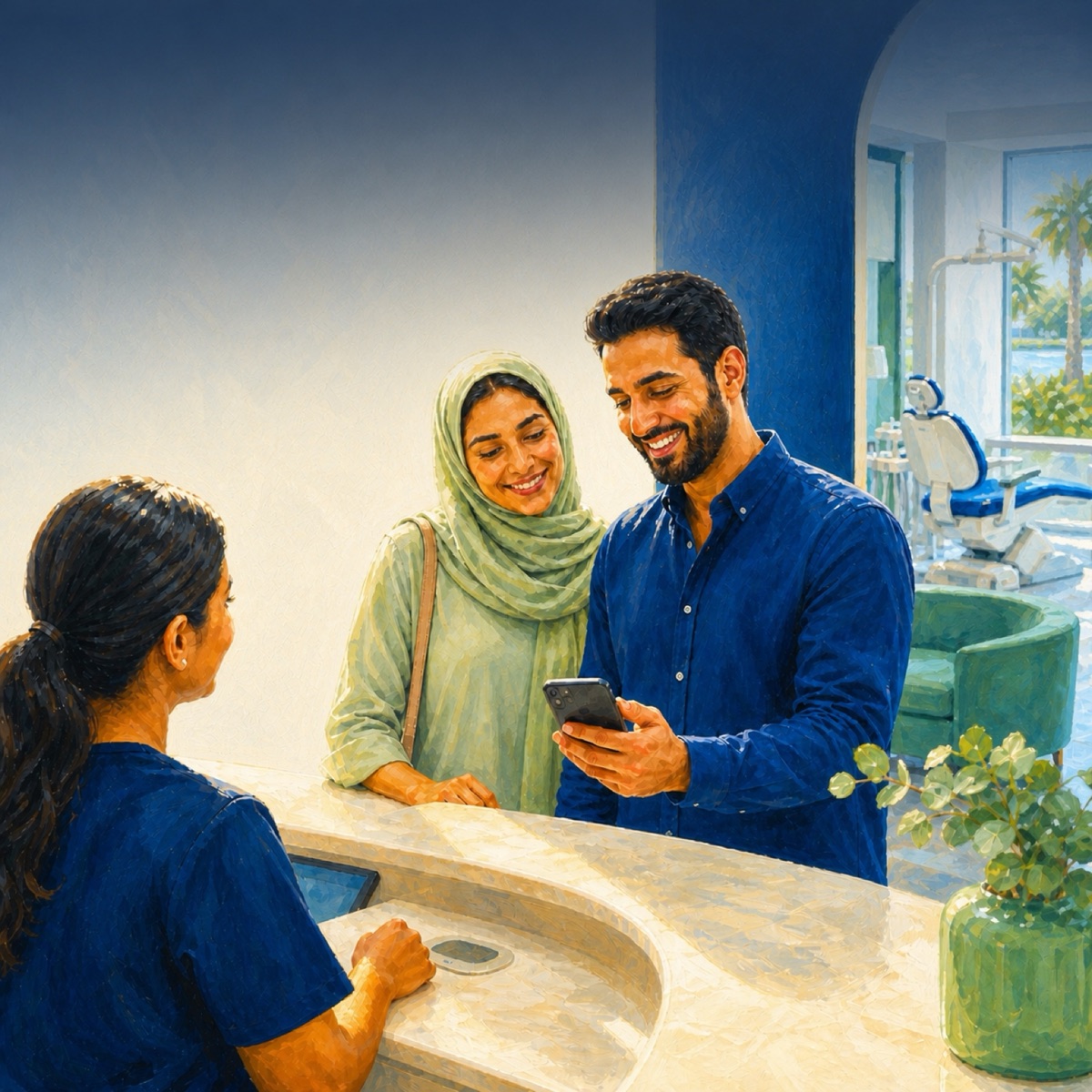 A couple at the clinic reception, looking at a phone