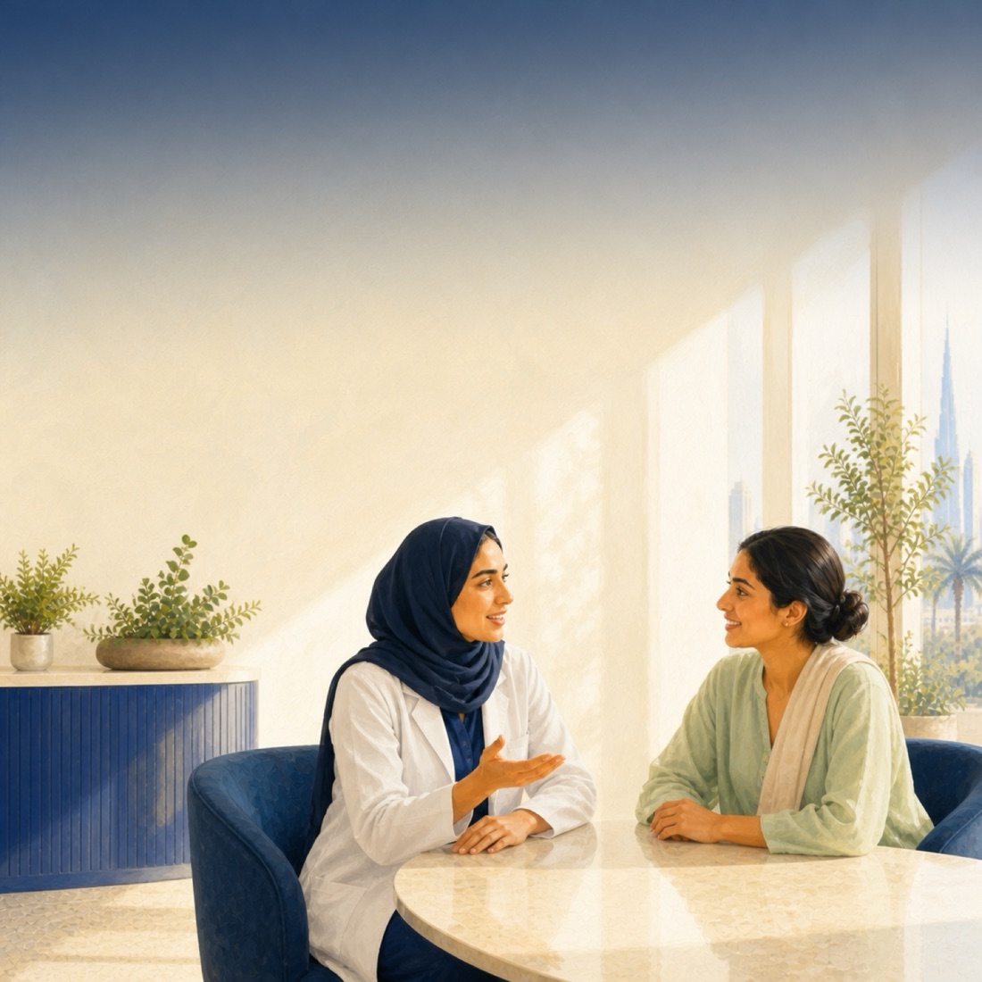 A dentist and patient talking at a table