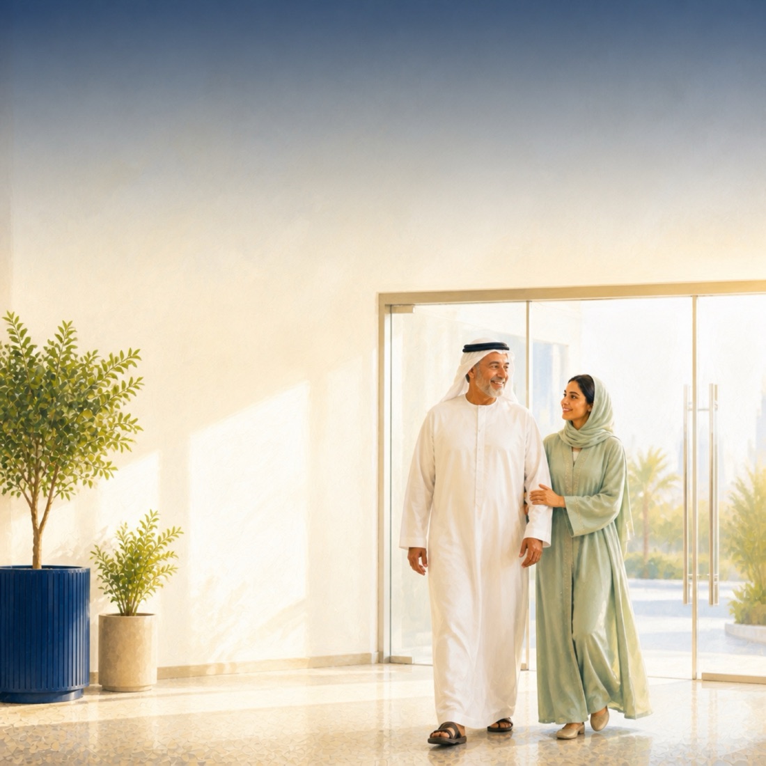 A father and daughter leaving the clinic together