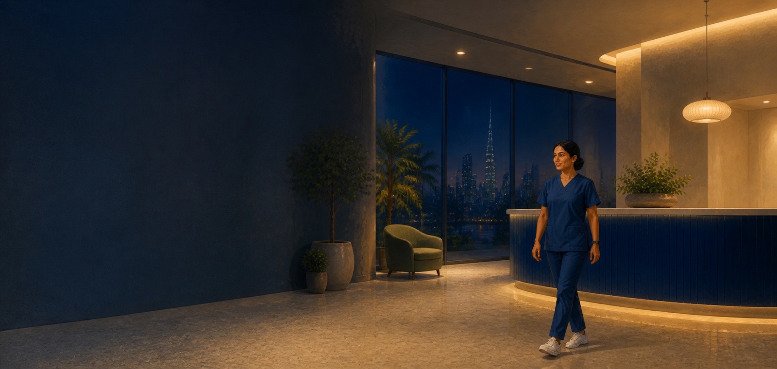 A clinician crossing a quiet clinic reception at night