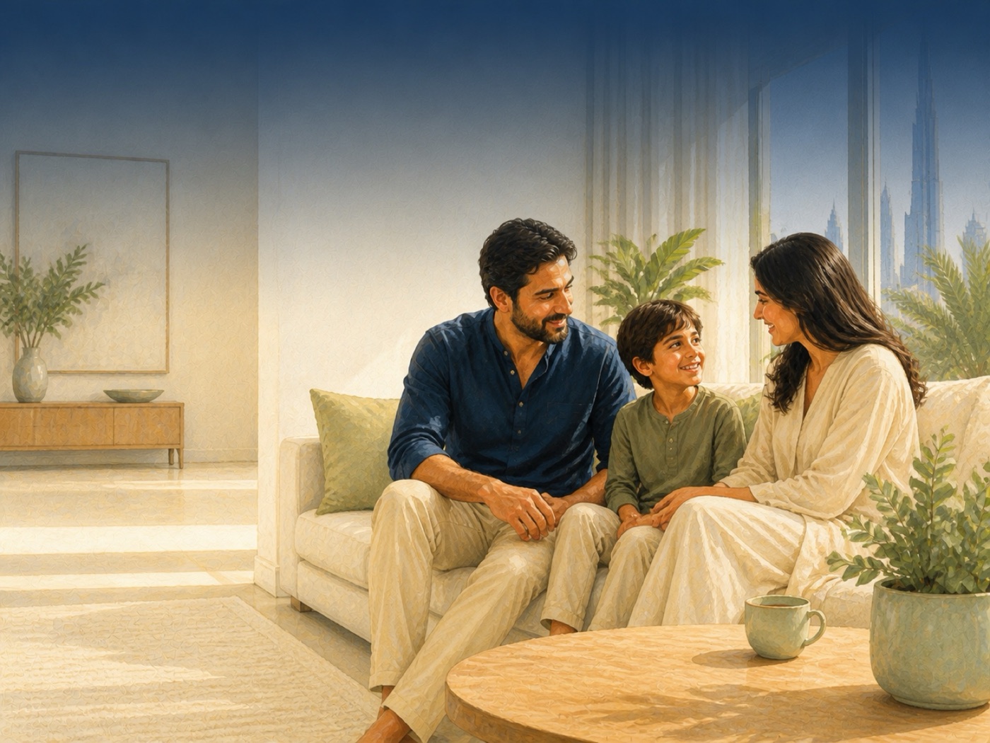 A family at home together on a weekend morning